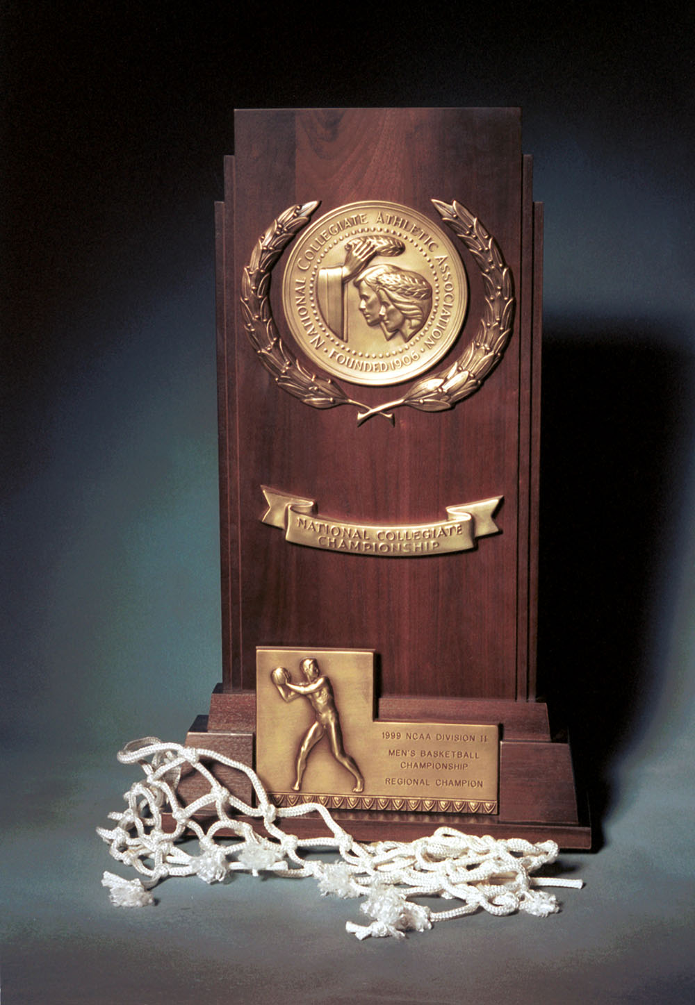 The 1999 NCAA Division II West Regional Trophy won by the CSUSB men’s basketball team.