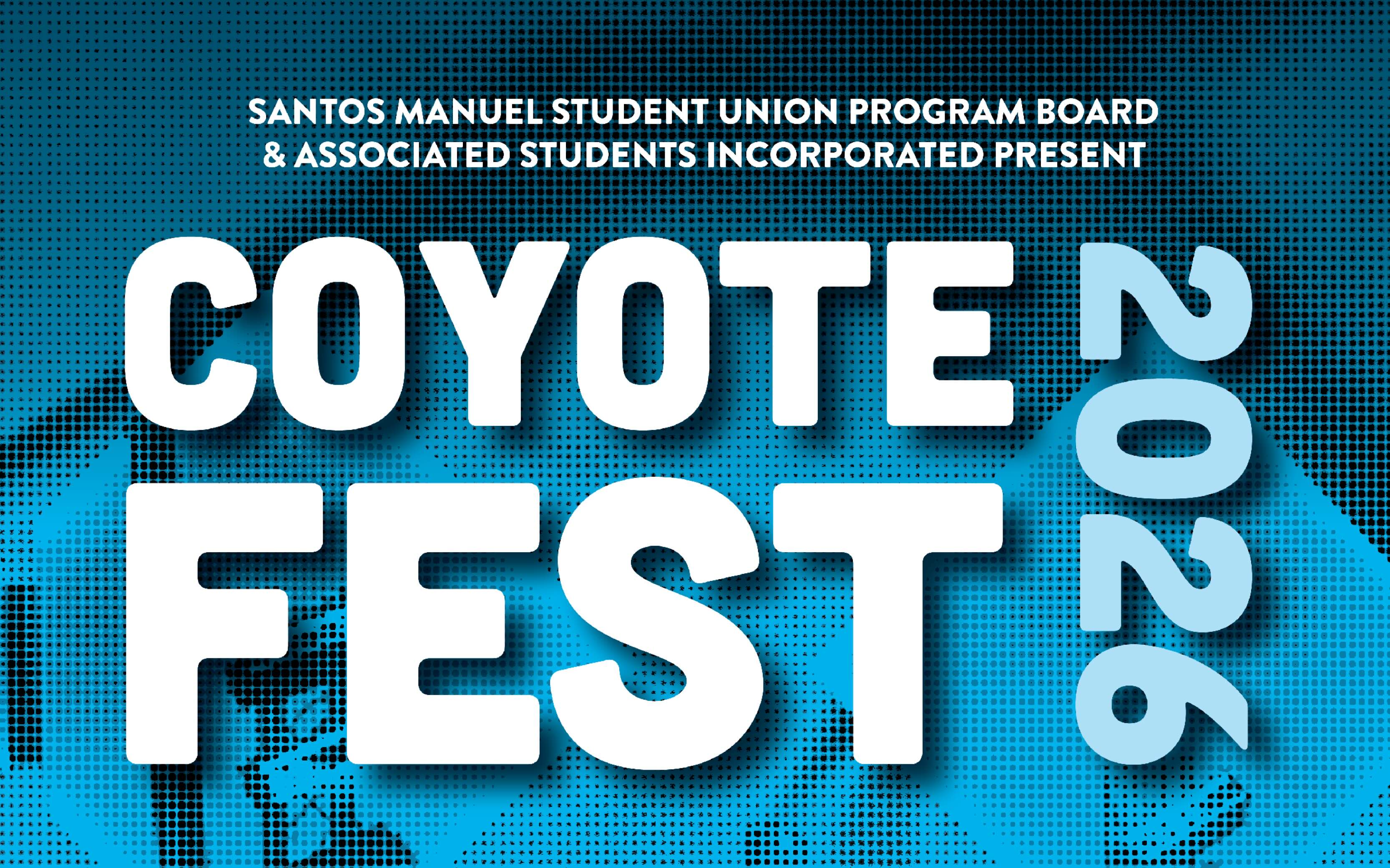 Blue halftone effect graphics with the words"Coyote Fest 2026"