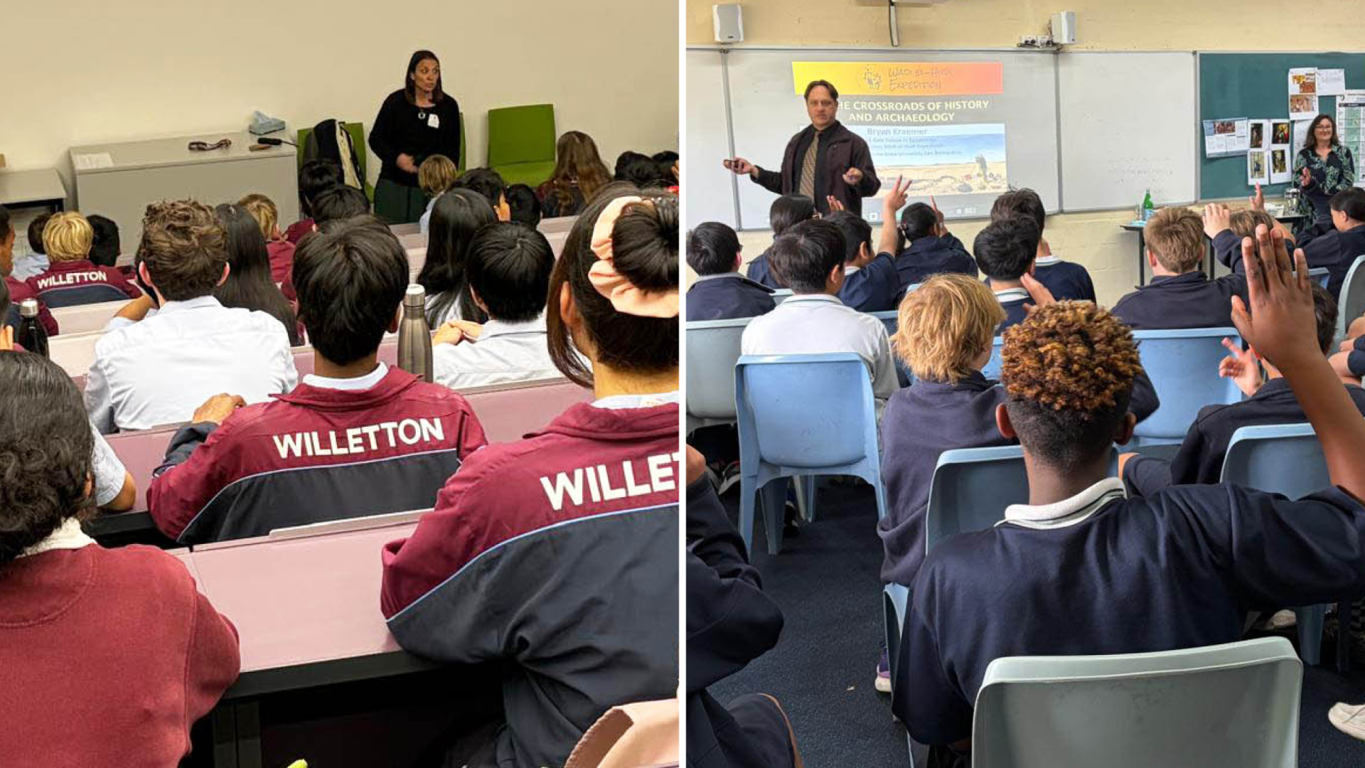 Kate Liszka (left) photo, and Brian Kraemer speaking to students in Australia.