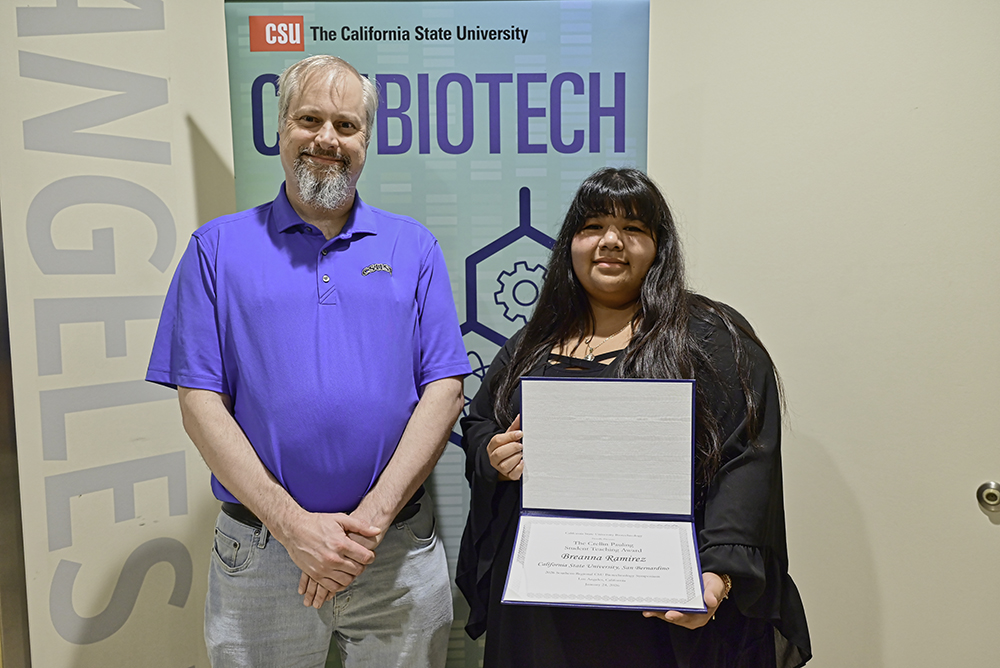 Ramirez received the Crellin Pauling Student Teaching Award at the 2026 Southern Regional CSU Biotechnology Symposium with the support of Tomasz Owerkowicz, professor of biology, who nominated her for the honor.