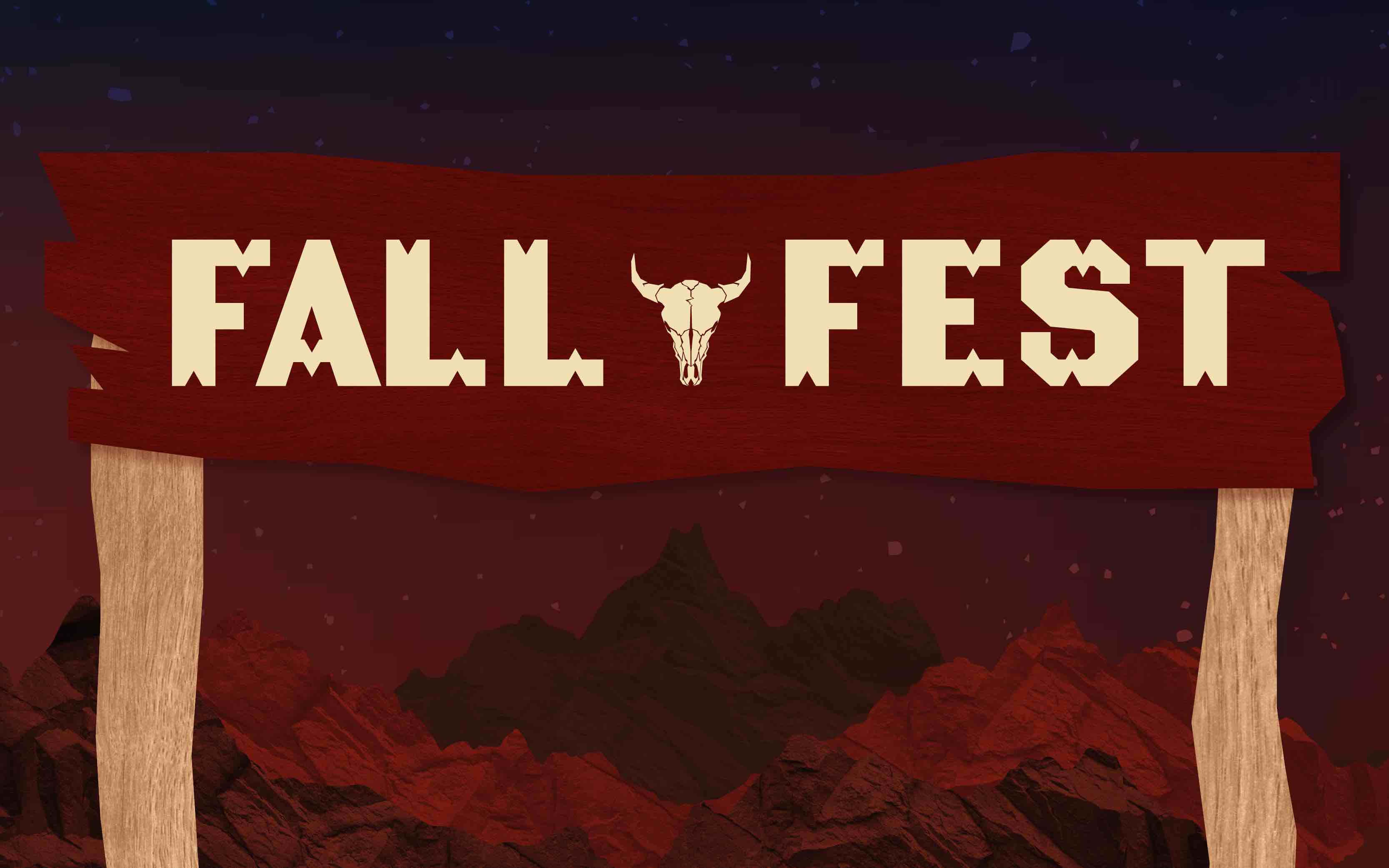 Red and black country/volcano theme background with the title "Fall Fest".