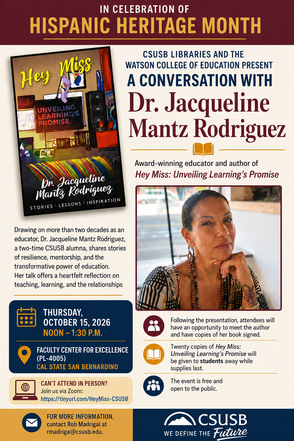 Web flyer for the Jacqueline Mantz Rodriguez Oct. 15 talk at the Pfau Library on her book, “Hey Miss.”