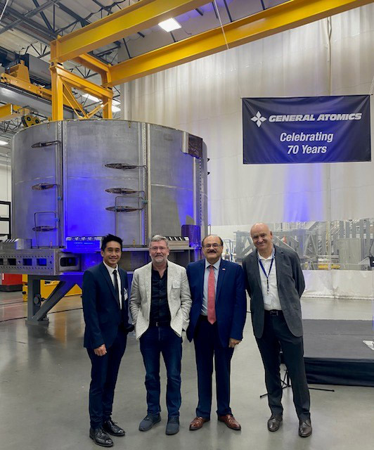 At General Atomics’ Magnet Technologies Center in San Diego on Aug. 28, 2025, from left: Gerard Au, CSUSB deputy chief information officer and chief information security officer for Information Technology Services; Frank Wuerthwein, professor, UC San Diego; Khalil Dajani, chair/director, CSUSB School of Computer Science and Engineering; and Raffi Nazikian, senior director, General Atomics, Magnetic Fusion Energy.