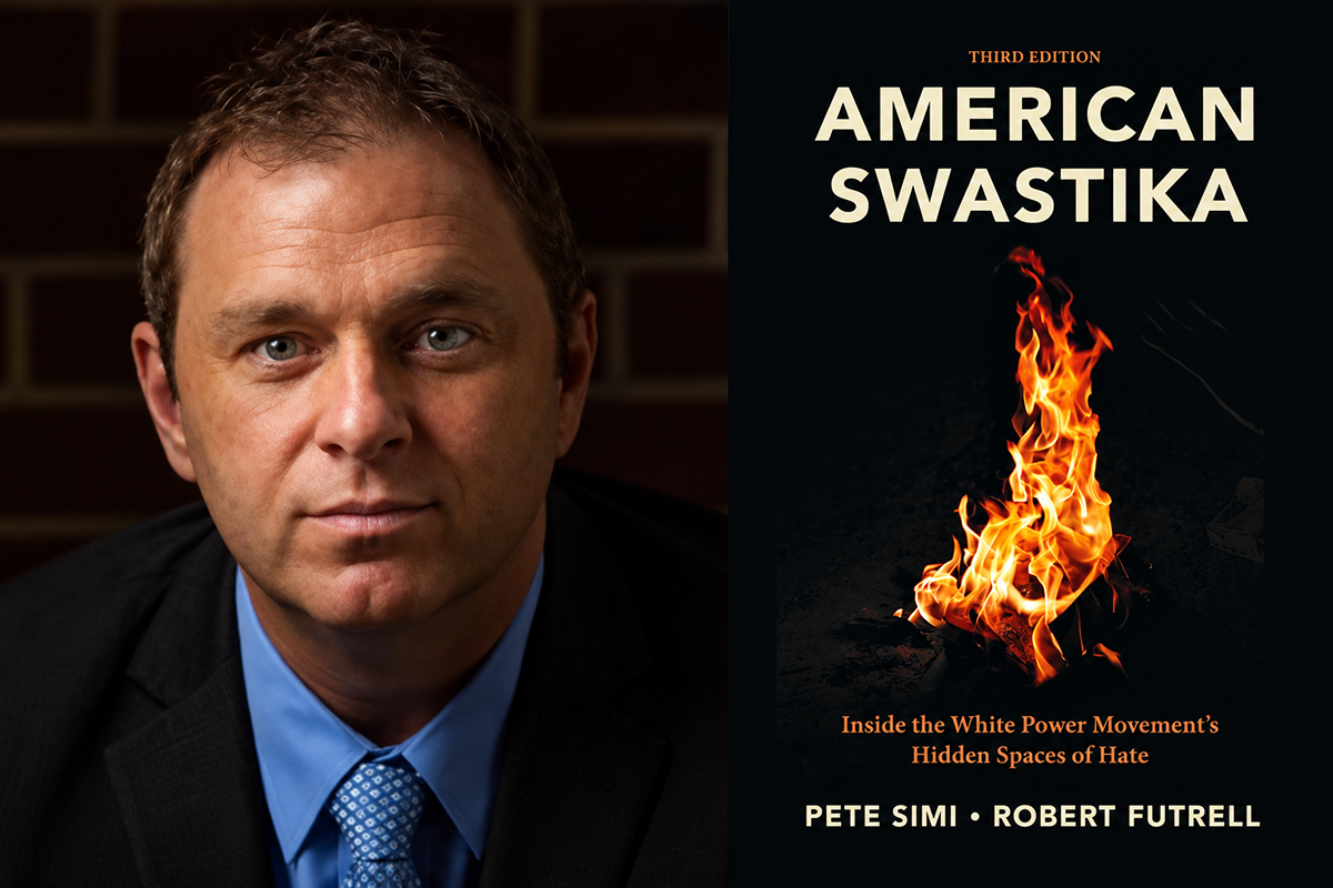 A split image featuring a professional headshot of a man on the left and a book cover on the right. The man on the left is wearing a dark suit jacket, a light blue button-up shirt, and a blue patterned tie. The book cover on the right is titled "American Swastika: Inside the White Power Movement's Hidden Spaces of Hate" (Third Edition) by Pete Simi and Robert Futrell, featuring an image of a bonfire against a black background.