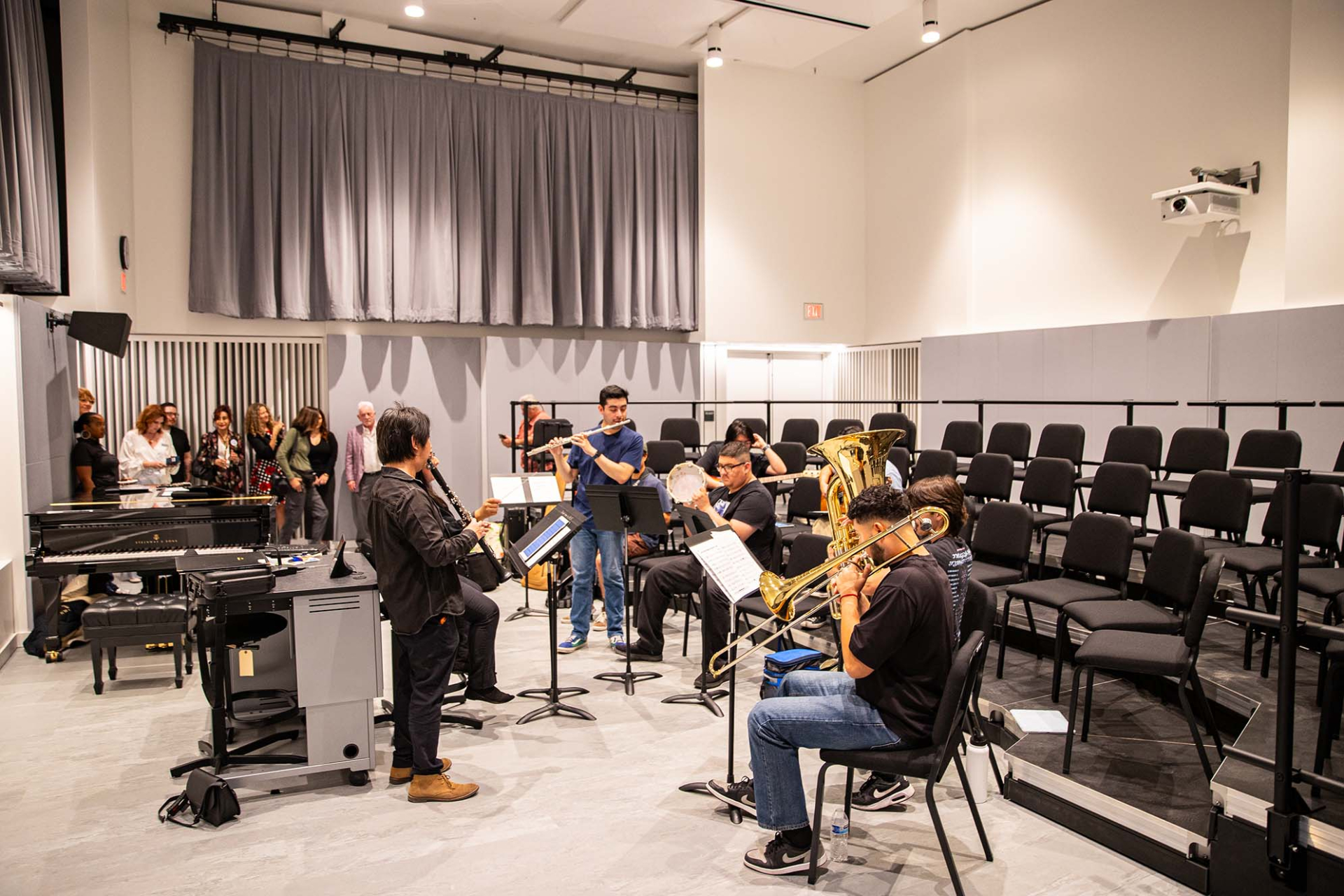 Music student perform in one of the main rehearsal studios in the new Performing Arts Center.