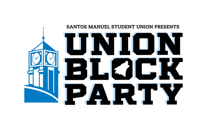 Graphic for a “Union Block Party” presented by Santos Manuel Student Union, featuring a blue clock tower and bold black-and-blue lettering.