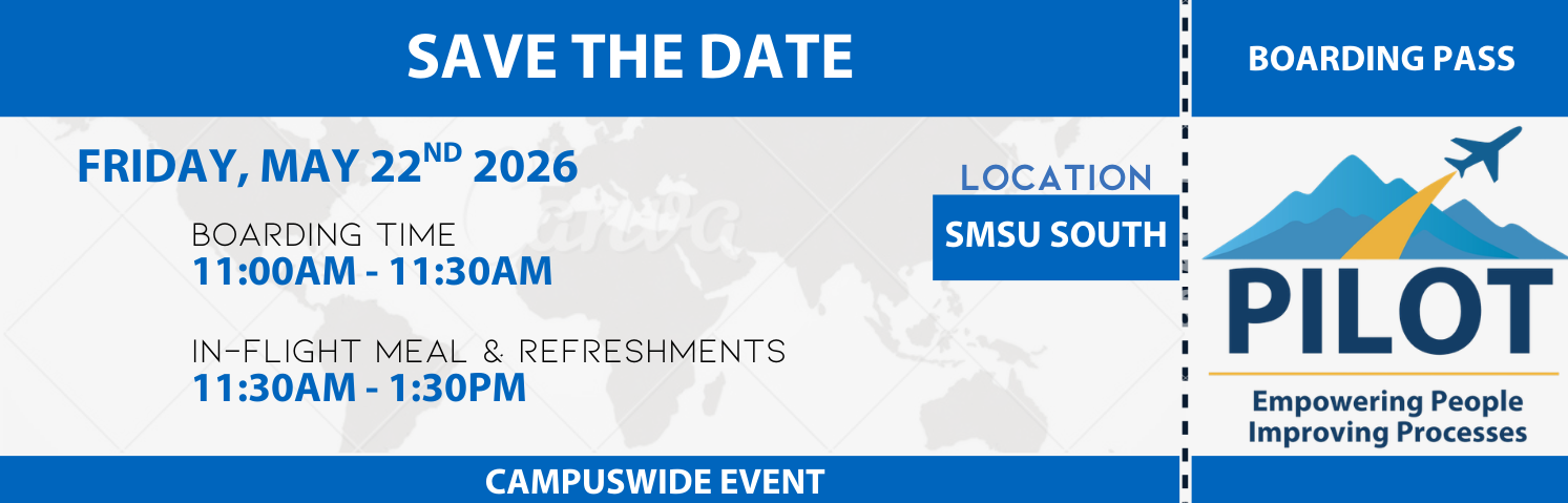 A boarding pass formatted notification image describing that the date of the event is on Friday May 22 2026, the event is located in the SMSU SOUTH building, the preparation time is from 11:00am to 11:30am, that the actual event described as "In-flight meal & refreshments begins at 11:30am and ends at 1:30pm and with lettering at the bottom of the boarding pass stating that the event is campus wide. On the right side of the boarding pass is PILOT's logo with the slogan "Empowering People Improving Processes"