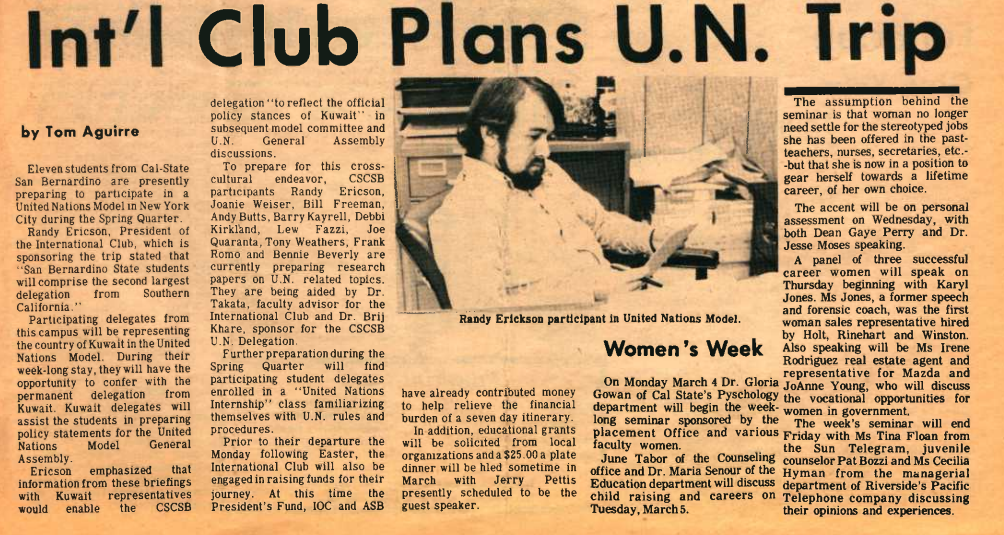 Clipping from Paws Prints Showing the International Club Participating in NMUN in 1974