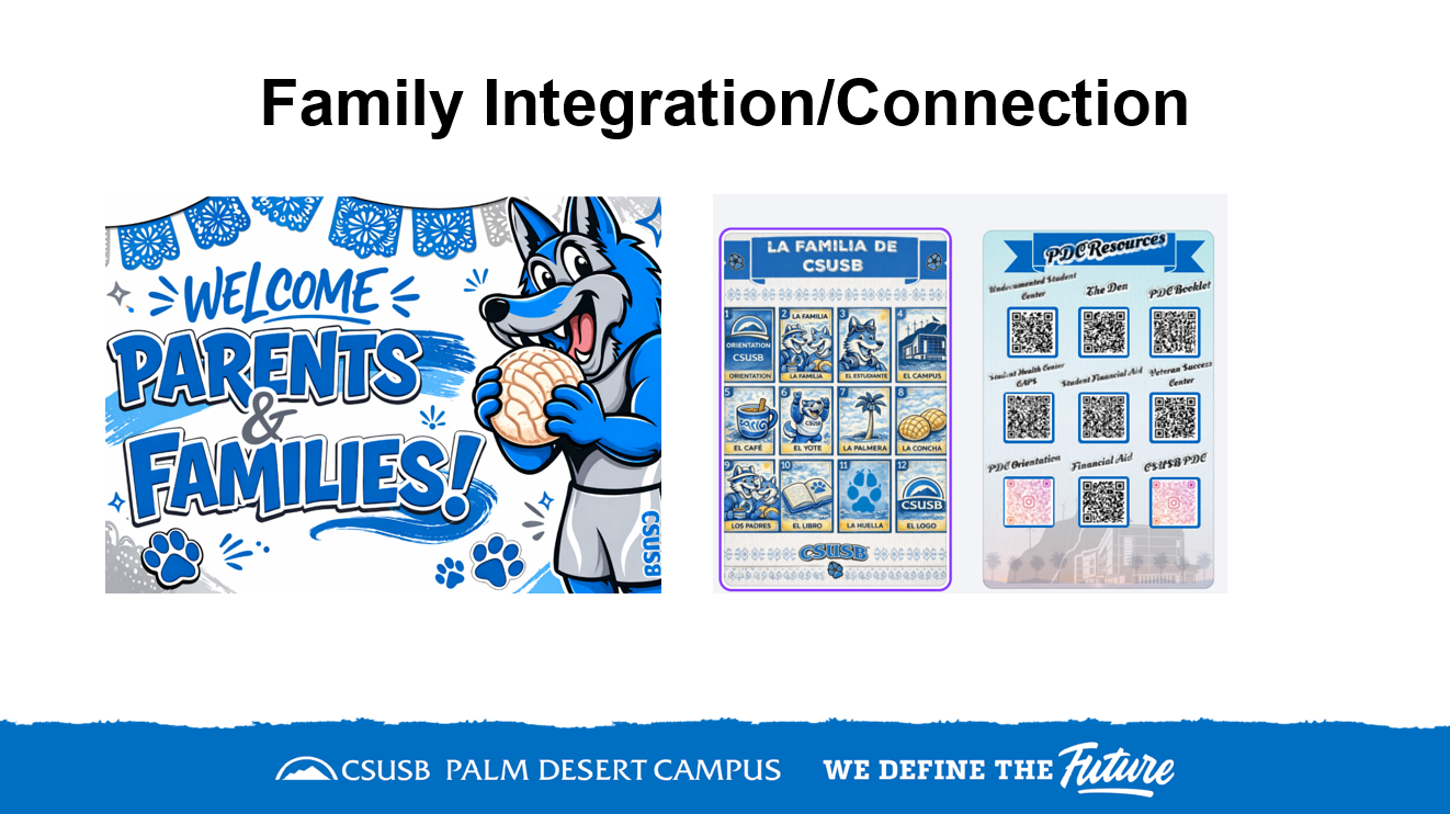 Presentation slide showcasing resources designed to engage parents and families, including welcome materials, campus resource guides, and family-oriented support information.