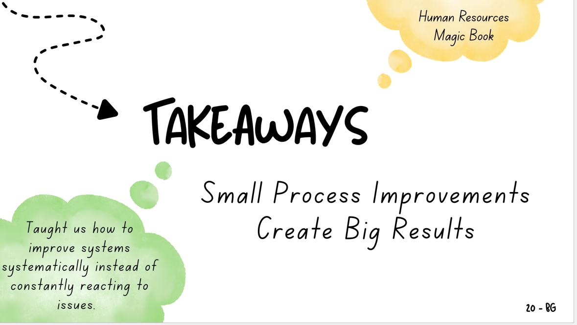 Slide summarizing that small process improvements can lead to significant results and more systematic problem-solving.