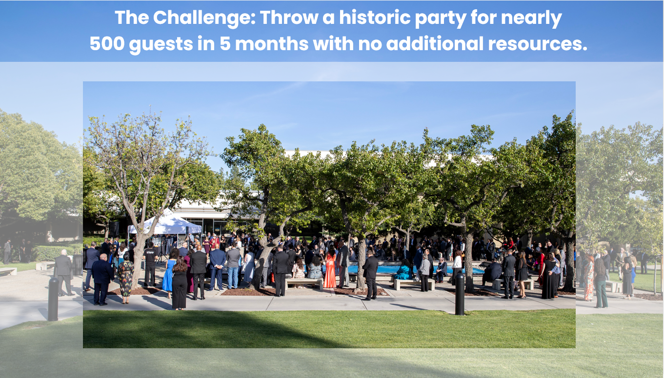 Presentation slide describing the challenge of planning a large-scale gala for nearly 500 guests within five months and without additional resources.