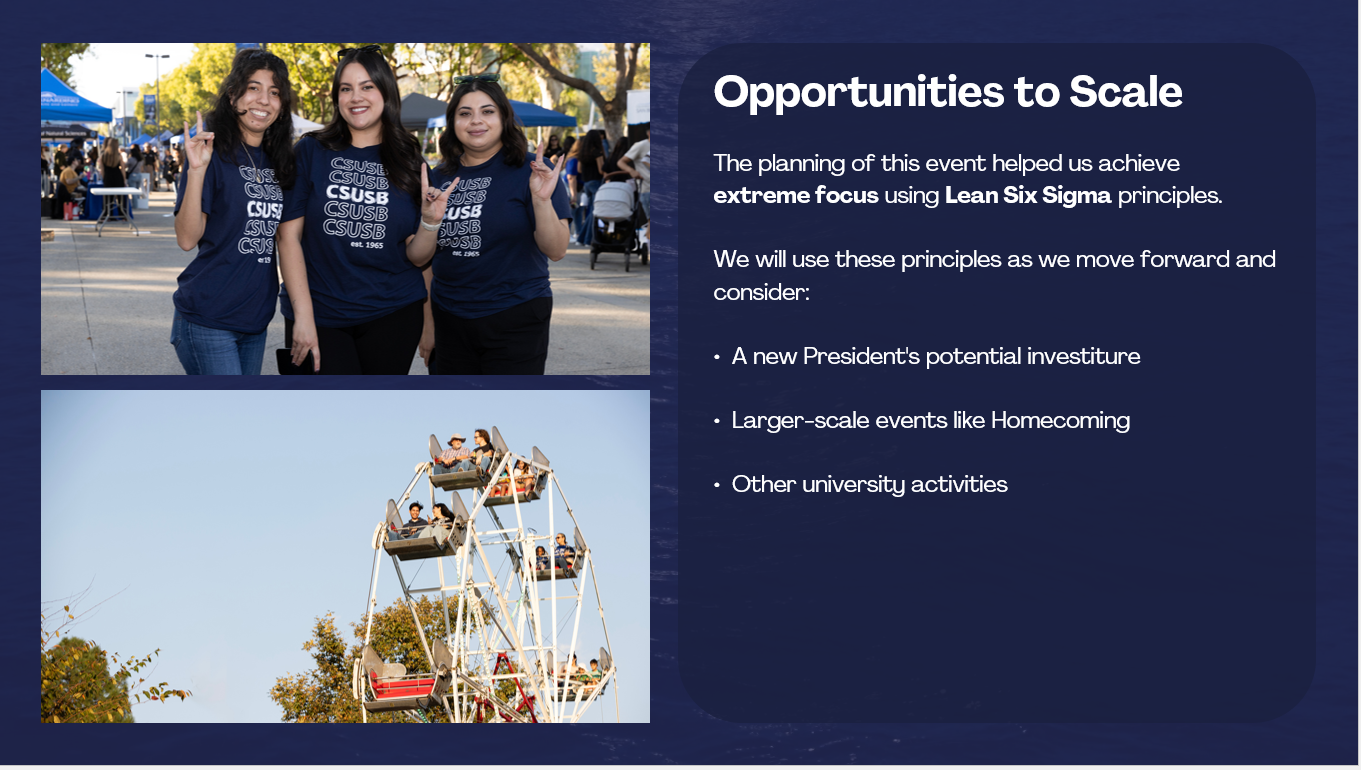 Presentation slide titled “Opportunities to Scale” describing how Lean Six Sigma principles used during the President’s Legacy Gala can support future university events and initiatives.