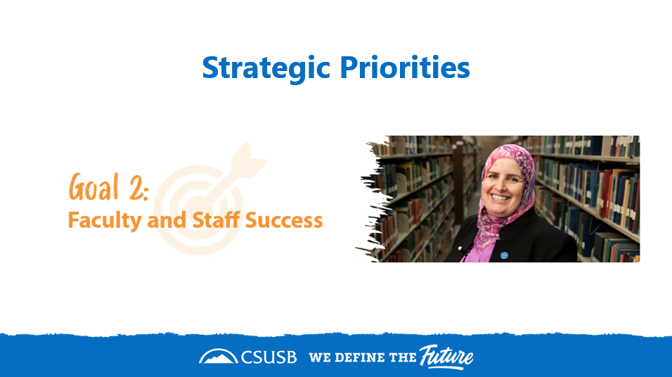 Presentation slide titled “Strategic Priorities” highlighting Goal 2, Faculty and Staff Success, with an image of a faculty member in a library setting.
