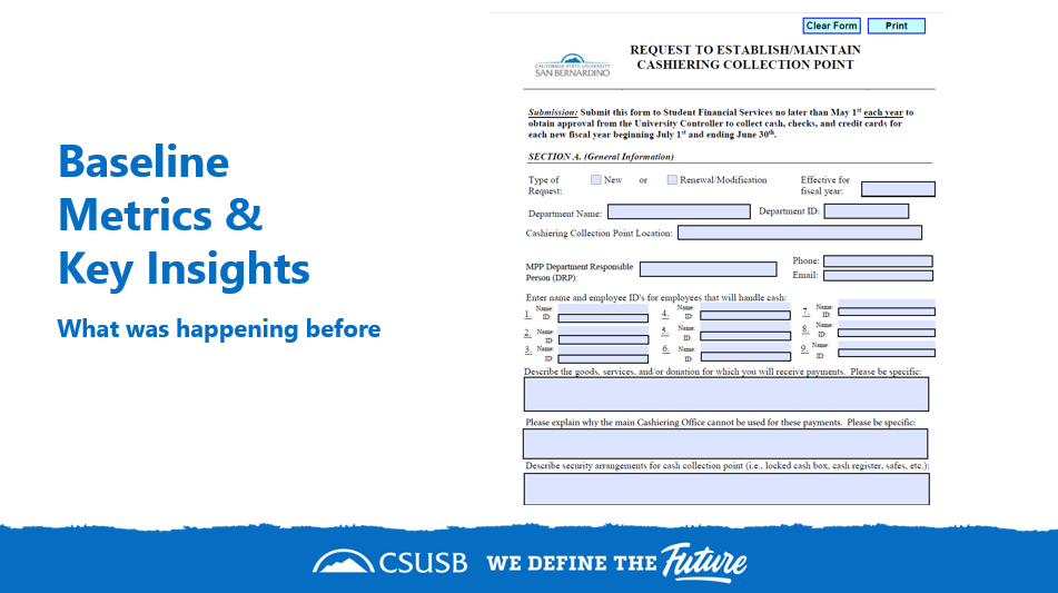 Presentation slide titled “Baseline Metrics & Key Insights” displaying the previous Cashiering Collection Point request form used before process improvements were implemented.