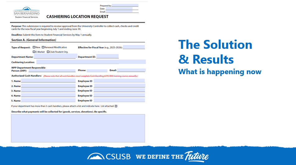 Presentation slide titled “The Solution & Results” showing the updated Cashiering Location Request form used to improve the submission process.