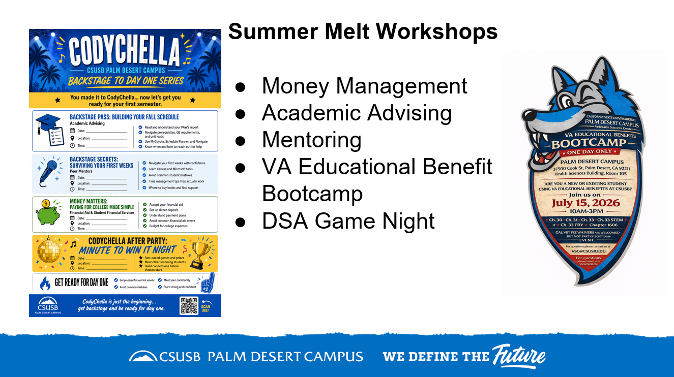 Presentation slide highlighting student support workshops focused on money management, academic advising, mentoring, veterans' educational benefits, and student engagement activities.