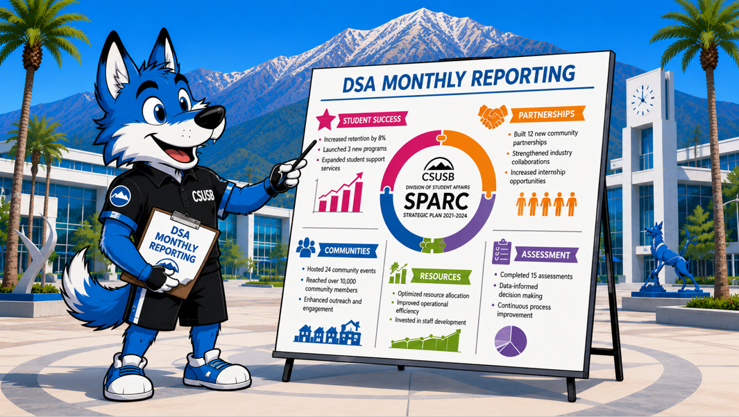 Illustrated slide showing a CSUSB mascot presenting a DSA monthly reporting dashboard that summarizes progress in student success, partnerships, assessment, community engagement, and resource management.