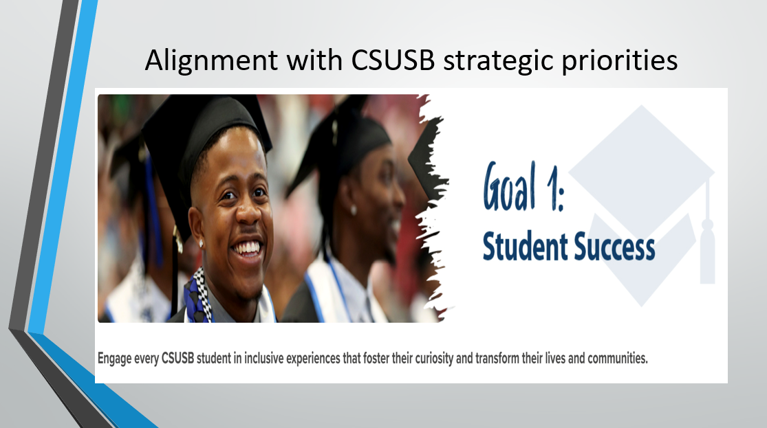 Presentation slide connecting the project to CSUSB Strategic Priority Goal 1: Student Success.