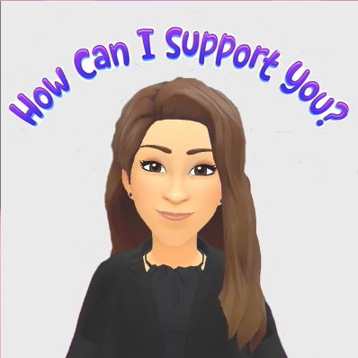 Animated image of a white woman with long wavy brown hair and dark brown eyes in a black dress and blazer with "How can I support you?" in purple text arched above her head.