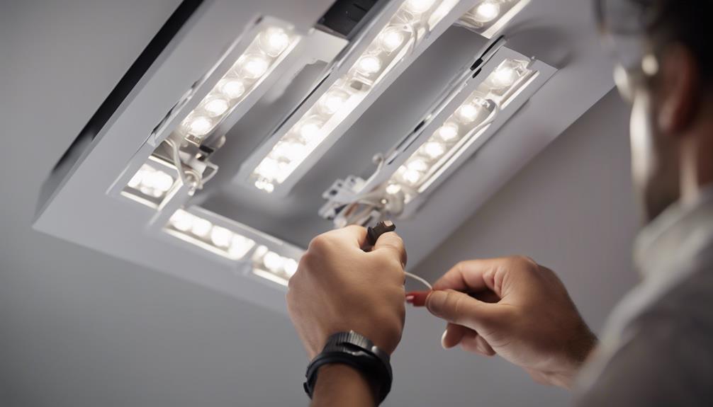 Technician upgrading interior lighting to energy-efficient LED fixtures.