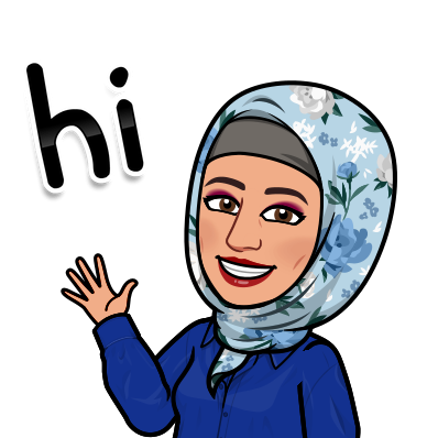 Animated image of a woman of color waving and smiling with a long-sleeve, navy blue button-up shirt and a flowery light blue hijab. The word "hi" in black, lower-case, letters above her waving hand. 