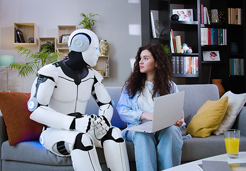 A robot and a female student with a laptop sit side by side on a sofa looking at each other.