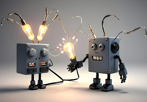 Two silly looking little boxy robots.