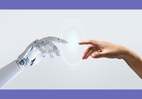 A robot hand and a human hand almost touch index fingers.