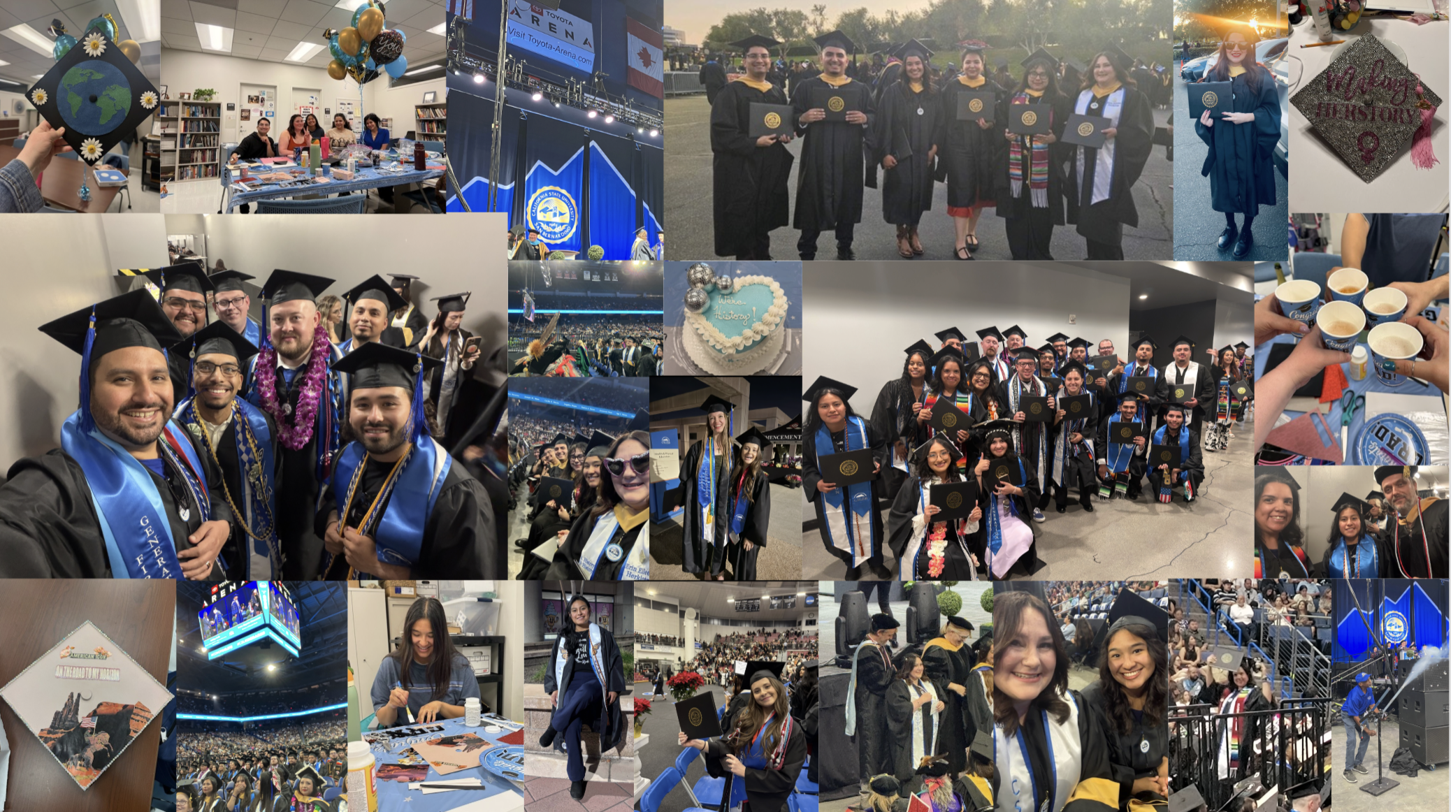 Collage of graduating students, smiling in caps and gowns