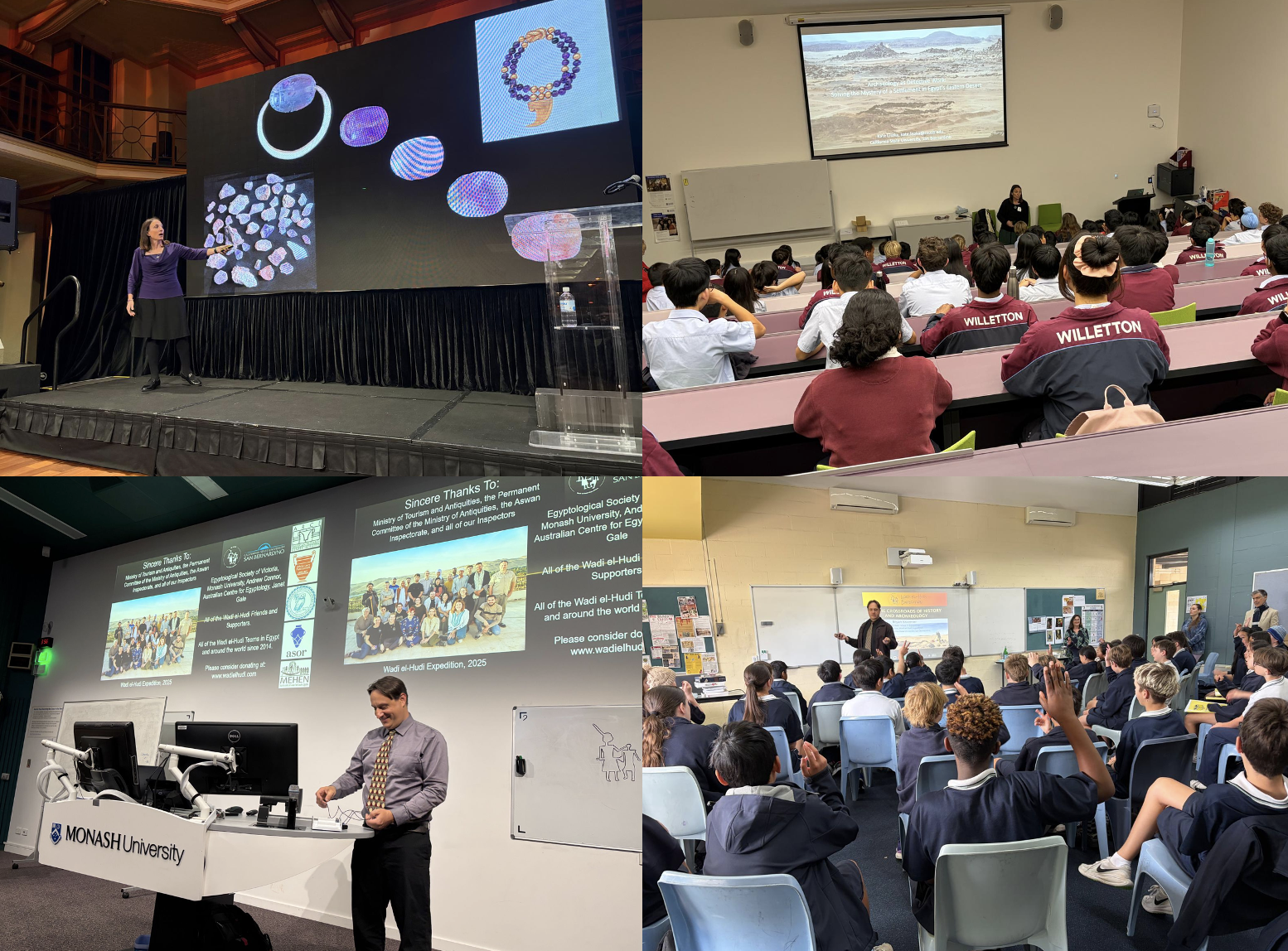 Liskza (in upper two images) and Kraemer (in lower two images) present their work during their speaking tour as 2026 Gale Fellows in Australia.