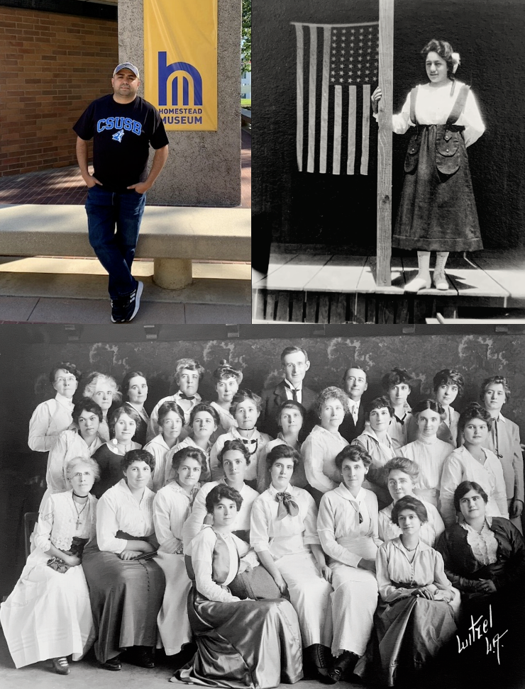 Castro Padilla, upper left, and upper right: young woman, possibly a volunteer, standing beside an American flag, April  20, 1919, and below, rownson House workers, July 13, 1915.