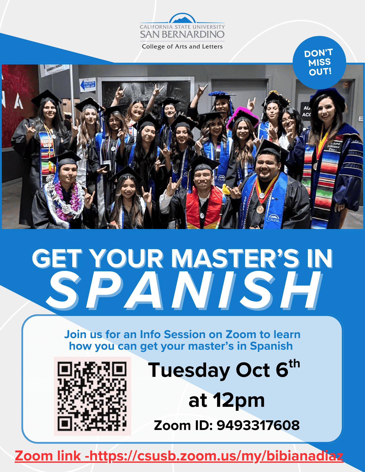 Get your master's in Spanish. Tuesday October 6th at 12pm on zoom.
