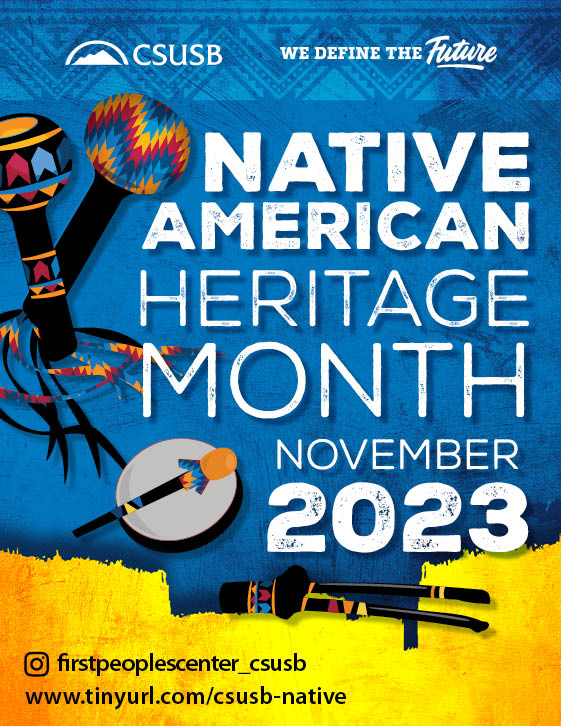 Native American Heritage Month graphic with icons of rattles and drums in blue and yellow.