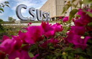 CSUSB letters with pink flowers