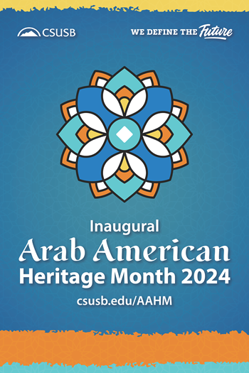 Blue background and arab patterned flower with the event titles and csusb logos