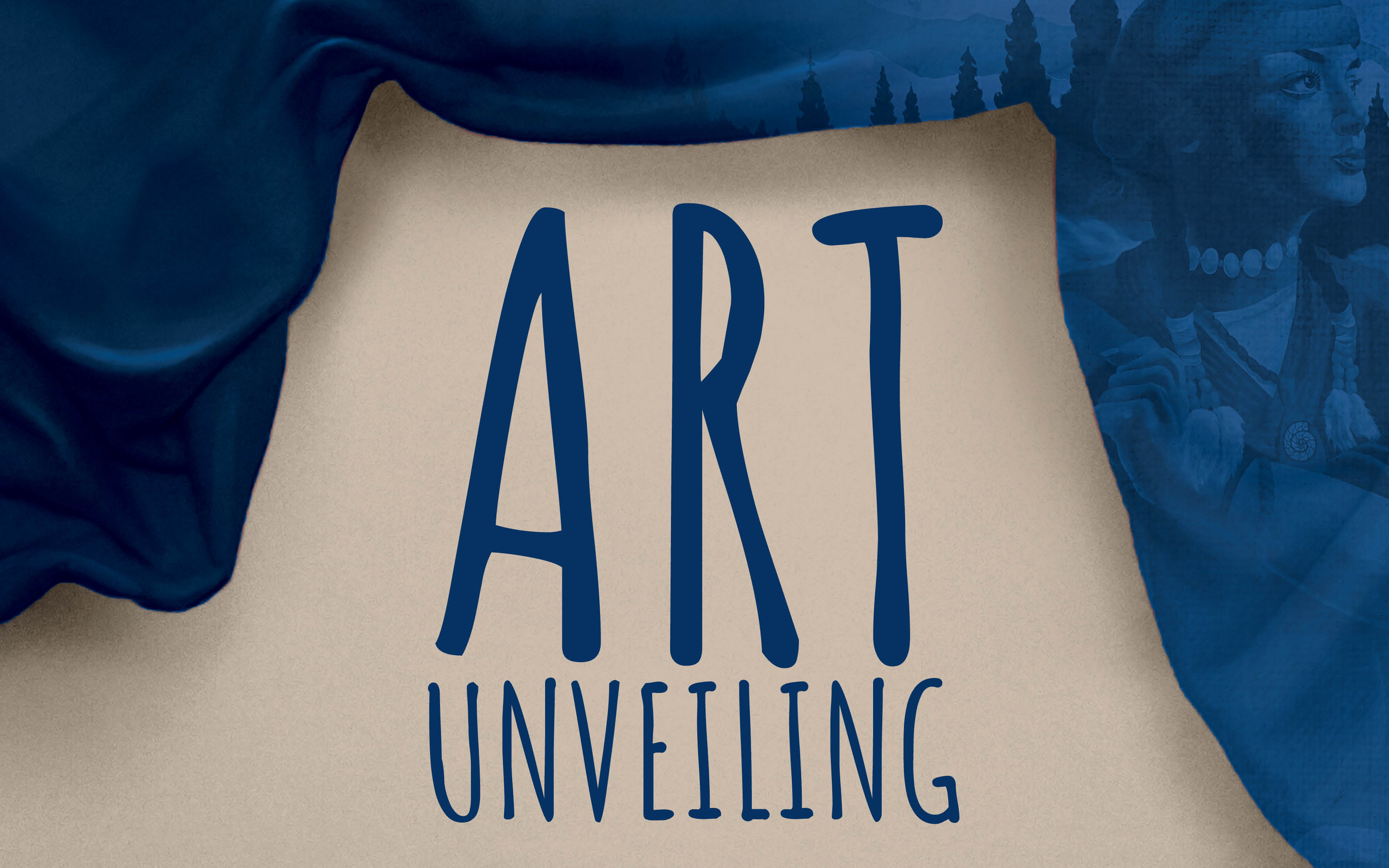 Blue curtain folding up, unveiling blue text reading "Art Unveiling"
