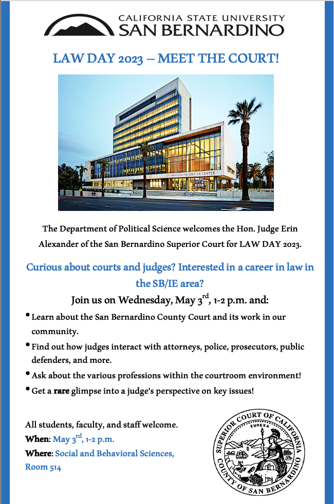 Flyer for CSUSB Law Day on May 3, 2023