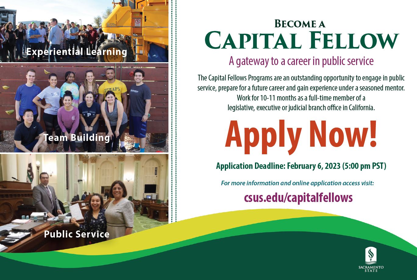 Images of students and text about the Capital Fellow program and when to apply