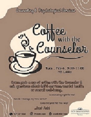 Brown background wtih graphic of a cup of coffee