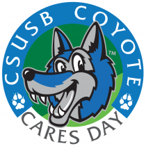 CSUSB Coyote Cares Day with Cody Coyote smiling