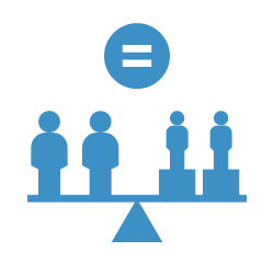 A scale balanced by four employees, two on each side