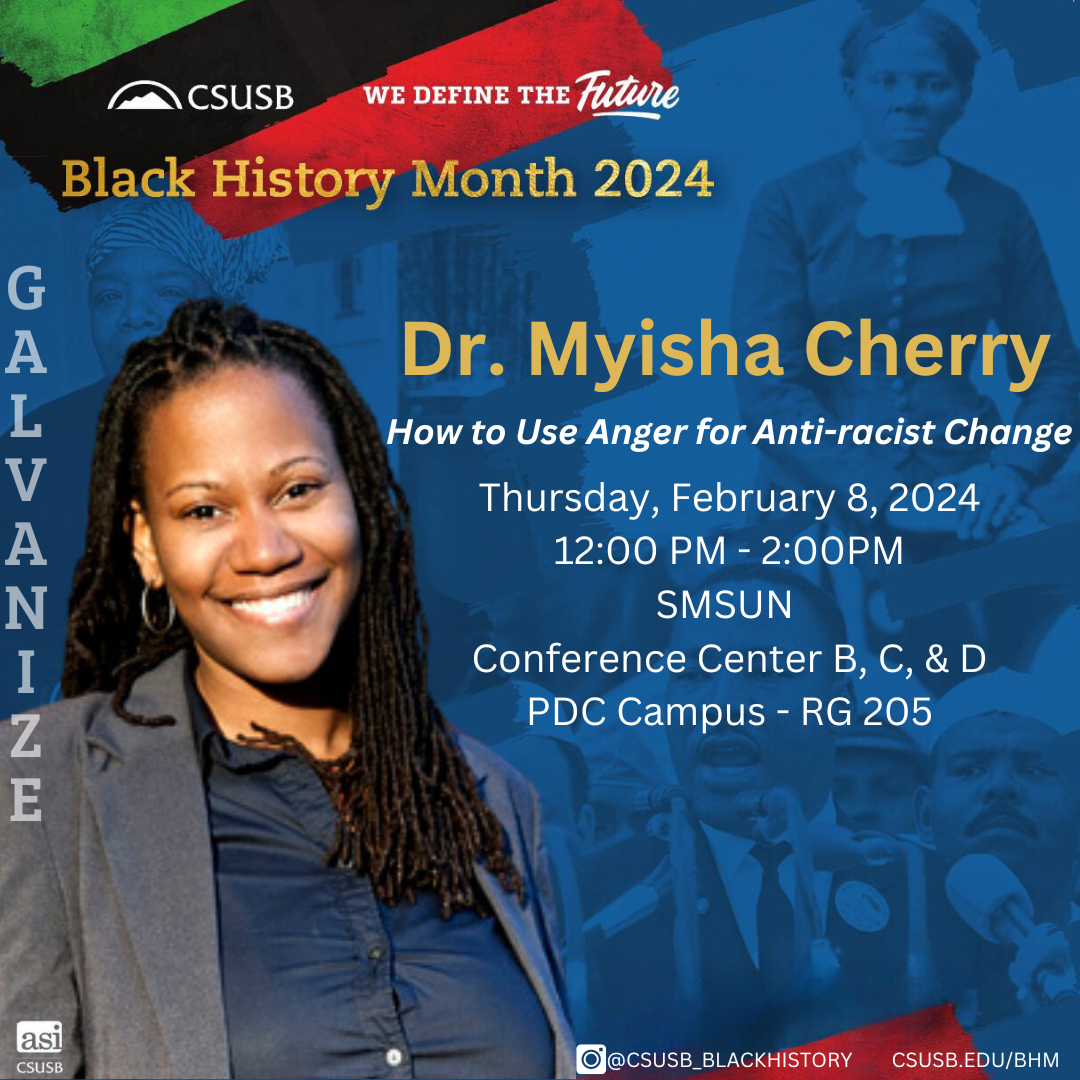 Image of Dr. Myisha Cherry, with a blue background, green, black and red stripes and white text with event information.