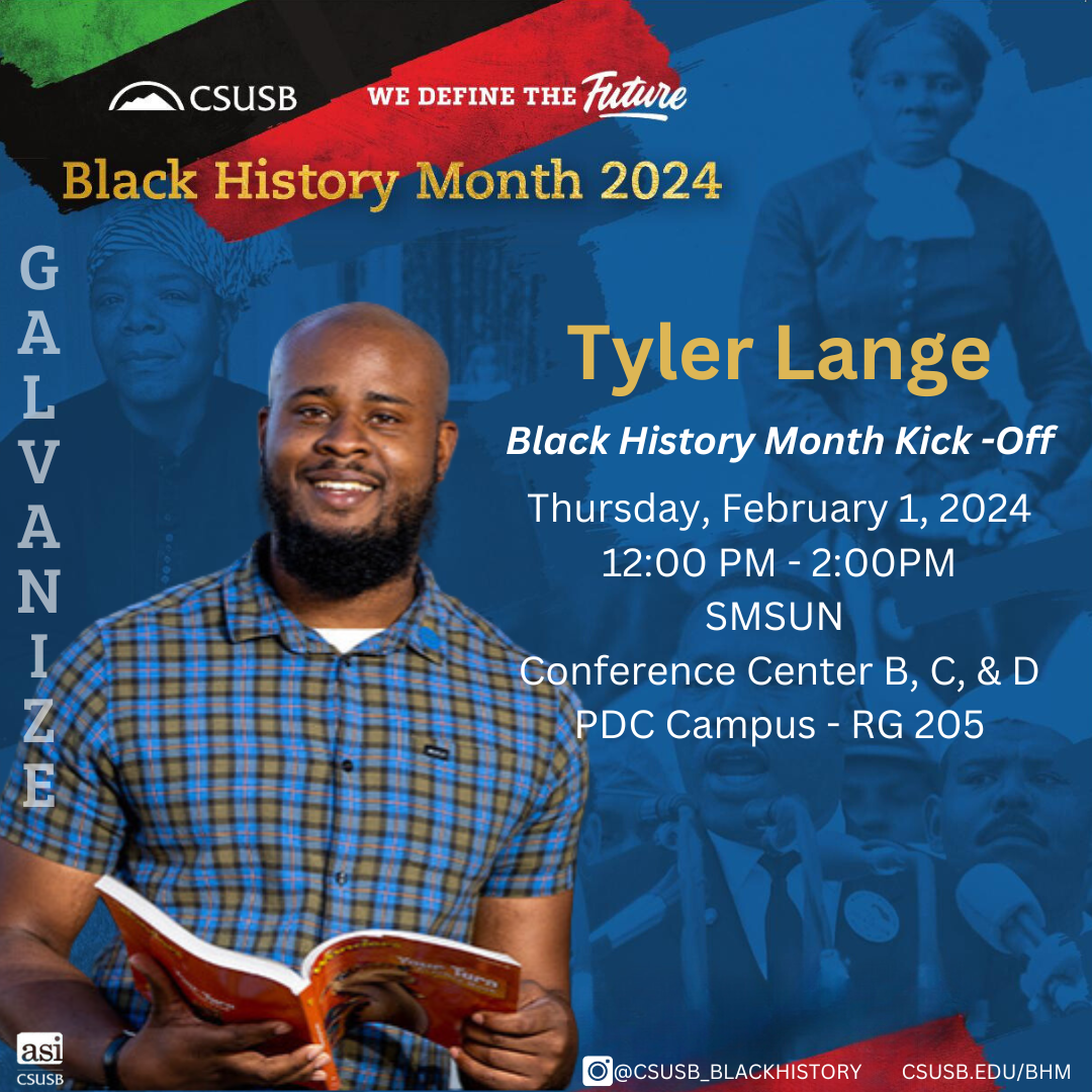 Image of Tyler Lange, with a blue background, green, black and red stripes and white text with event information.