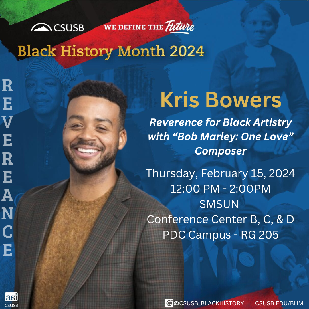 Image of Dr. Kris Bowers, with a blue background, green, black and red stripes and white text with event information.