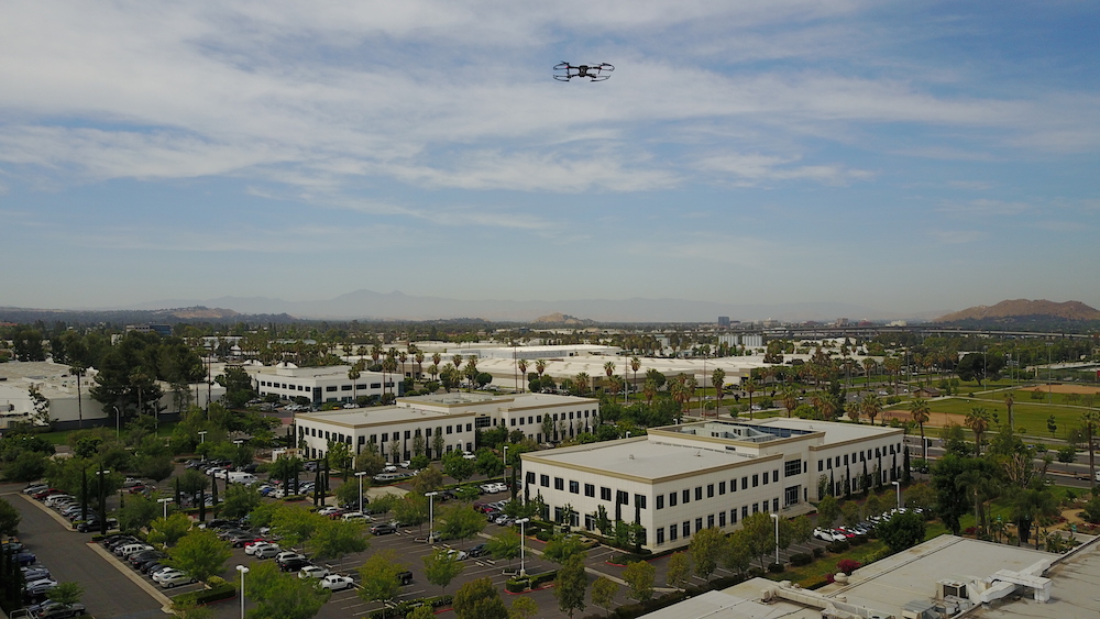 Aerial footage of Bourns Inc. in Riverside, California off of Columbia Ave.