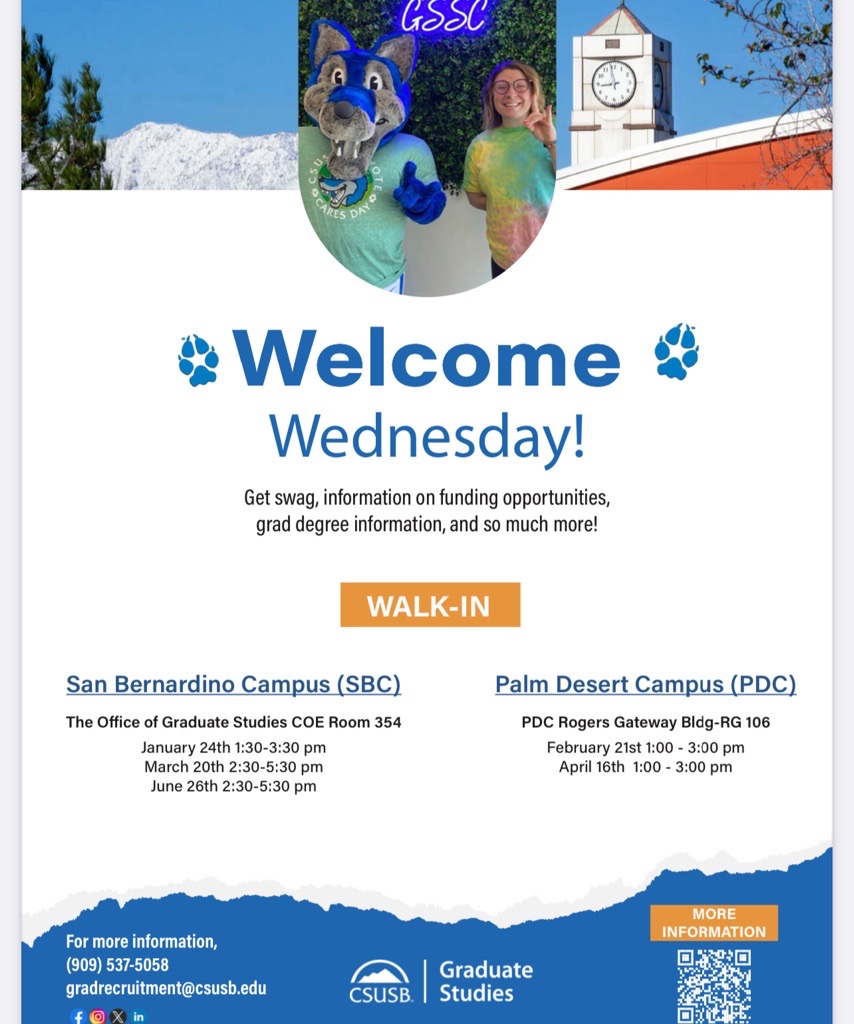 Walk-In Wednesday Drop-In Sessions at the San Bernardino Campus (SBC) and Palm Desert Campus (PDC), on select days and times
