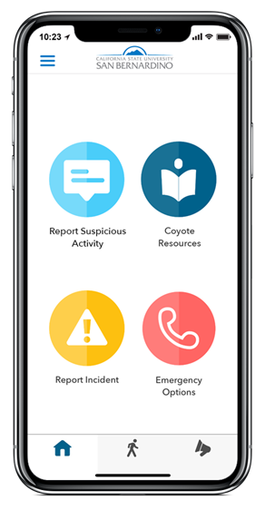 LiveSafe App - Report Suspicious Activity, CSUSB Coyote Resources, Report Incident, Emergency Options