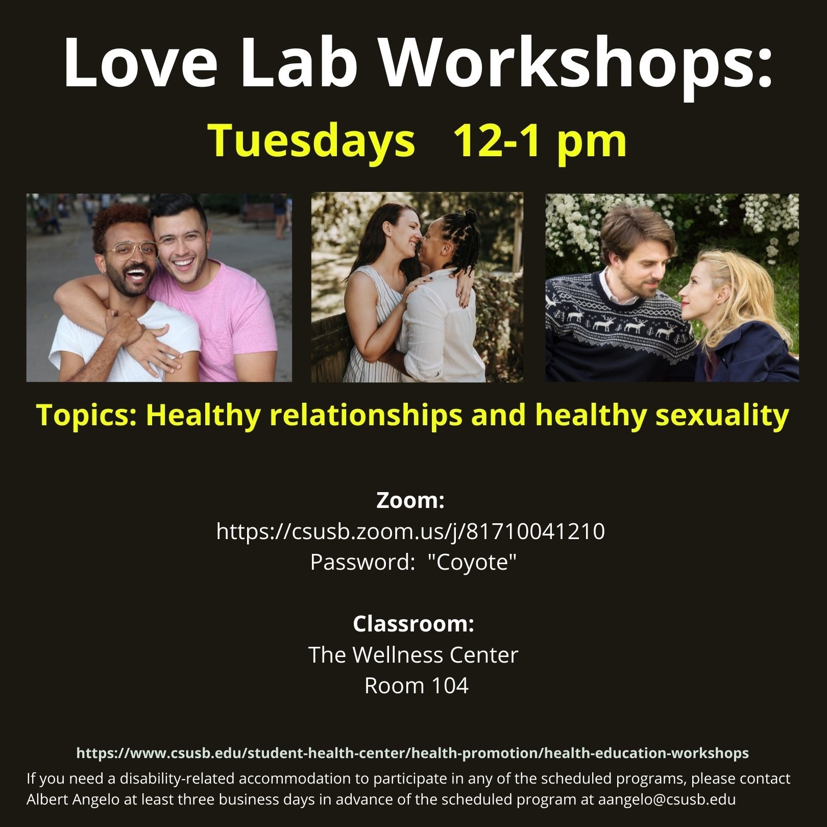 Love Lab Workshops.  Wellness workshops covering healthy relationships and healthy sexuality