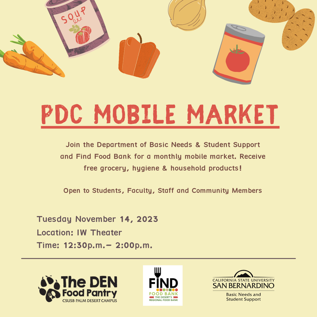 Join the Department of Basic Needs & Student Support and Find Food Bank for our monthly mobile market. Receive free grocery, hygiene & household products! Open to Students, Faculty, Staff and Community Members