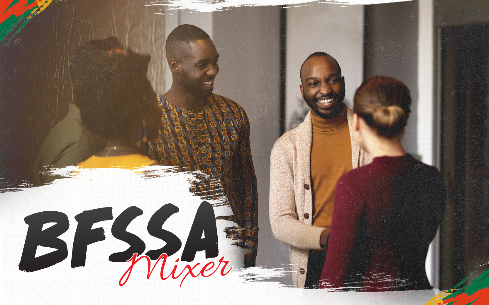 Flyer reads: BFSSA Mixer. Image of students and faculty having a conversation.